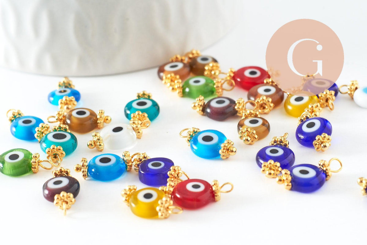 Pendentif rond verre oeil protecteur multicolore support zamac doré 9mm, x10 (G9715)