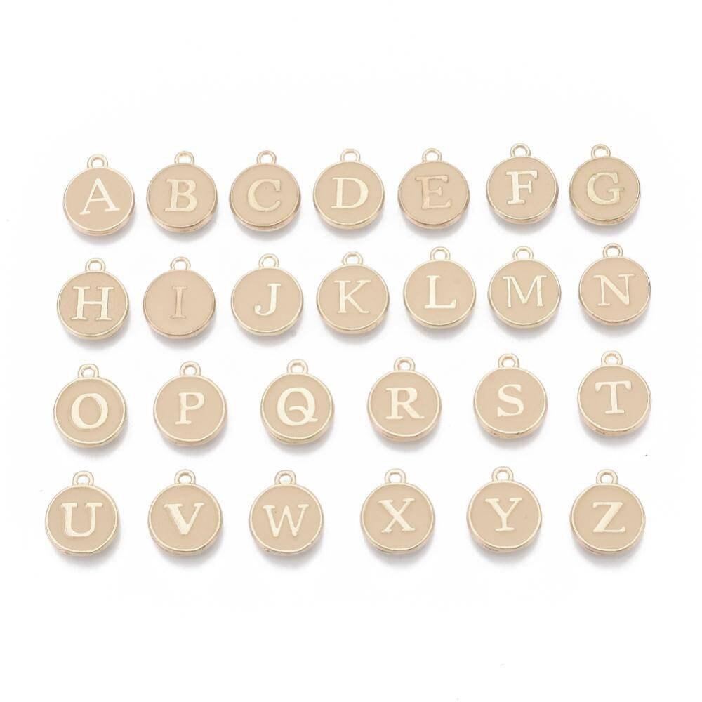 Pendentif rond zamac doré initiale émail beige 14mm, x1 (G3204)