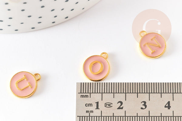 Pendentif rond zamac doré initiale émail rose clair 14mm, Pendentif femme, métal doré, pendentif initiale,14mm, x1 G2933
