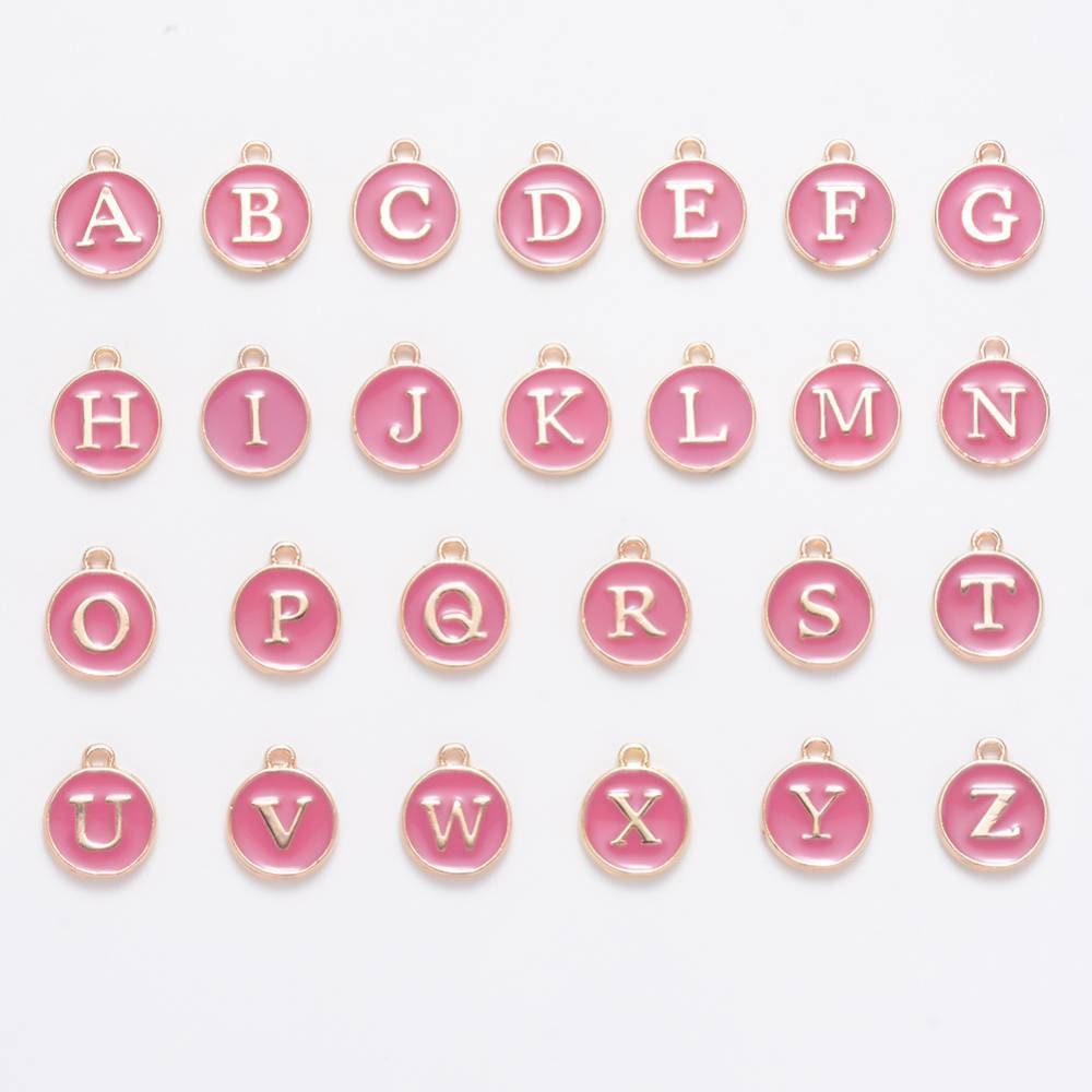 Pendentif rond zamac doré initiale émail rose foncé 14mm, métal doré, pendentif initiale,création bijoux,14mm, x1 G2934