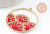 Pendentif rond zamac doré tissé rocaille rouge irisé dentelle 37.5mm, x2 (G4134)