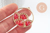 Pendentif rond zamac doré tissé rocaille rouge irisé dentelle 37.5mm, x2 (G4134)