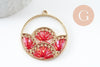 Pendentif rond zamac doré tissé rocaille rouge irisé dentelle 37.5mm, x2 (G4134)