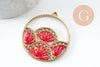 Pendentif rond zamac doré tissé rocaille rouge irisé dentelle 37.5mm, x2 (G4134)