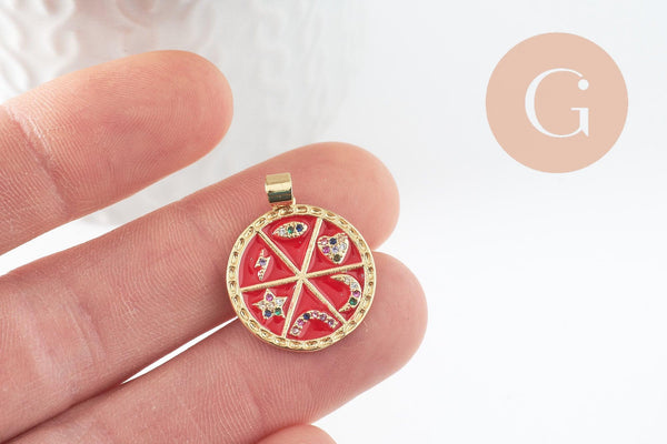 Pendentif rondzodiaque émail laiton doré 22.5mm, x1 (G5334)