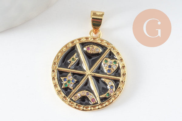 Pendentif rondzodiaque émail laiton doré 22.5mm, x1 (G5334)