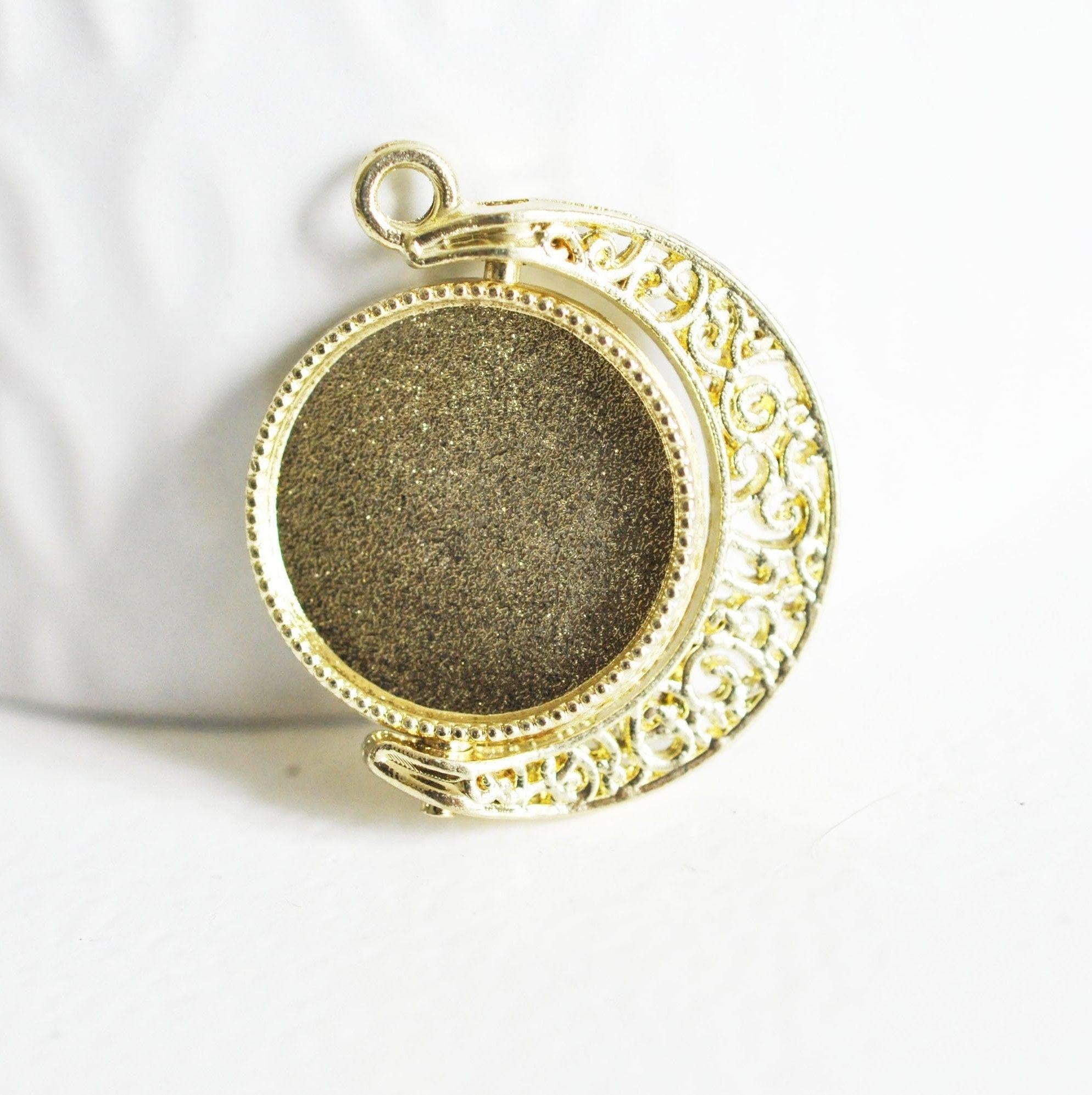 Pendentif rotatif lune pour cabochon zamac doré 30.5mm, bijou mobile création , x1 (G5323)