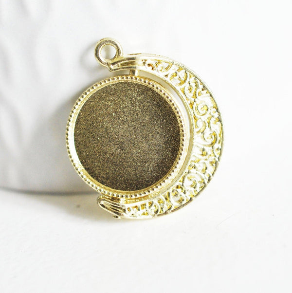 Pendentif rotatif lune pour cabochon zamac doré 30.5mm, bijou mobile création , x1 (G5323)