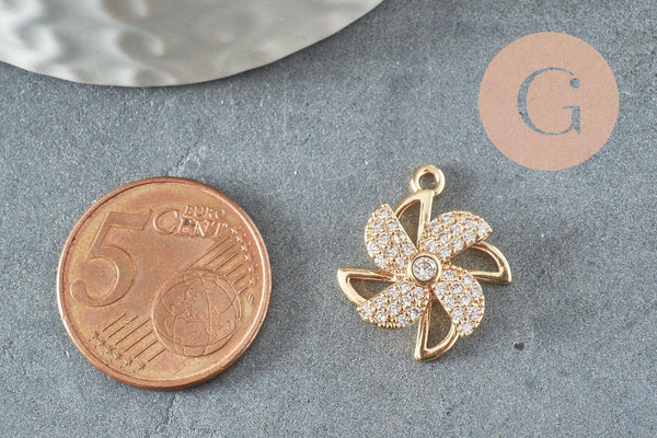 Pendentif rotatif moulin à vent doré cristal zircon 20mm, x1 (G3596)
