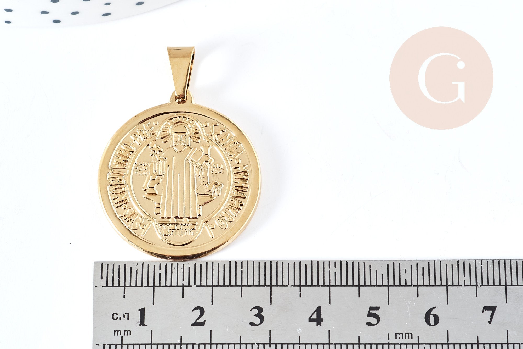 Pendentif saint Benoit acier 304 inoxydable doré 31mm, x1 (G8740)