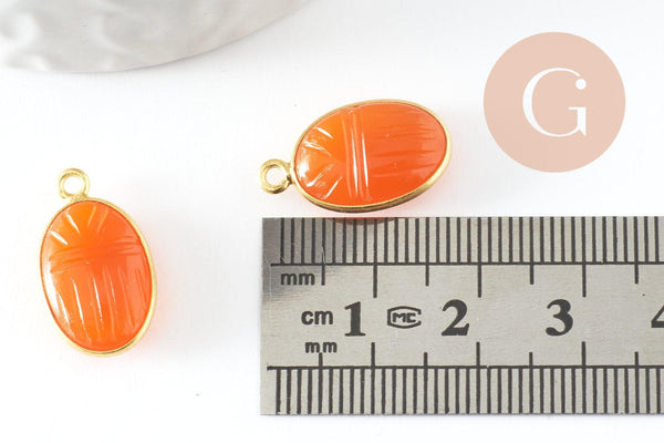 Pendentif scarabée cornaline naturelle argent 925 doré 18K 20mm, création bijou talisman en pierre x1 G9443