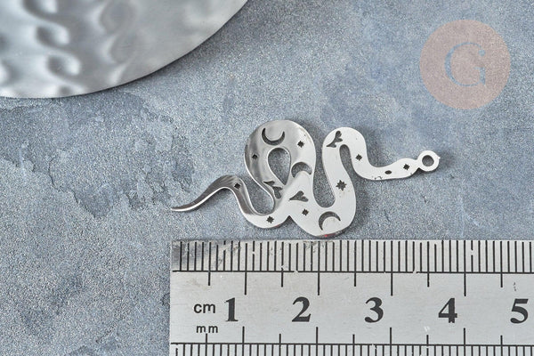 Pendentif serpent lune platine acier inoxydable 32mm, x1 (G7616)
