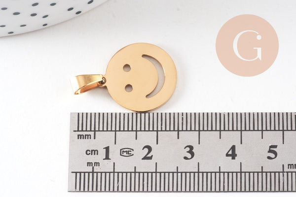 Pendentif smiley acier 304 inoxydable doré IP 19.5mm, x1 (G10802)