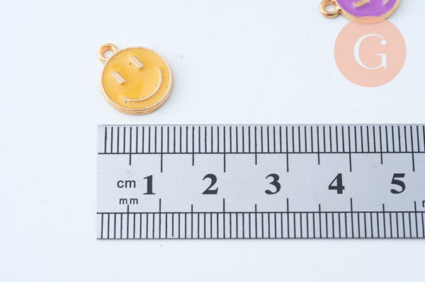 Pendentif smiley zamac doré émail multicolore 12mm, x5 (G6105)