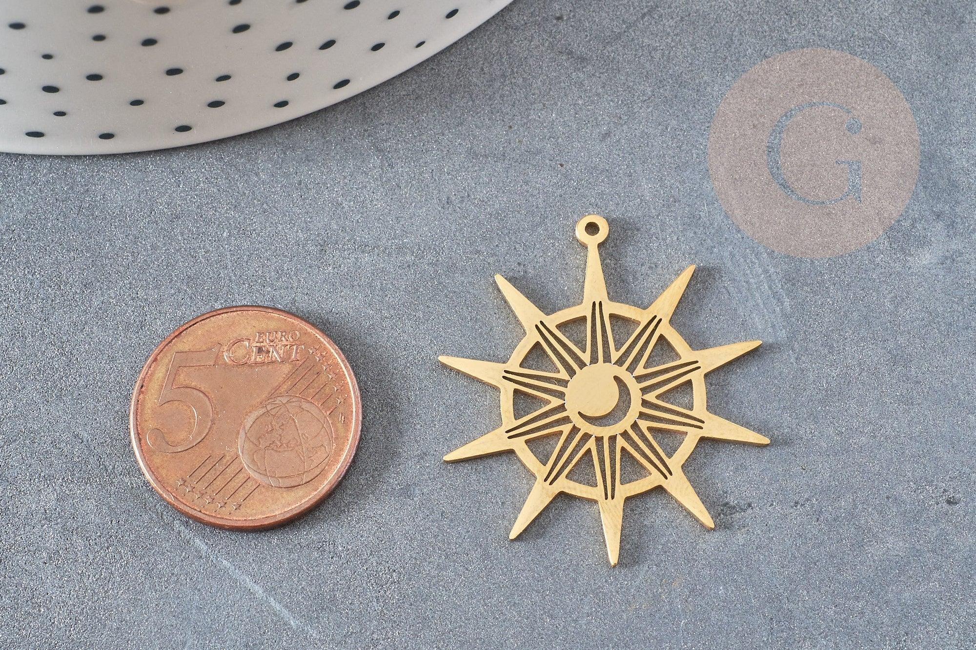 Pendentif soleil acier doré 33.5mm, breloque acier inoxydable doré, pendentif sans nickel, création bijoux, x1 G6141
