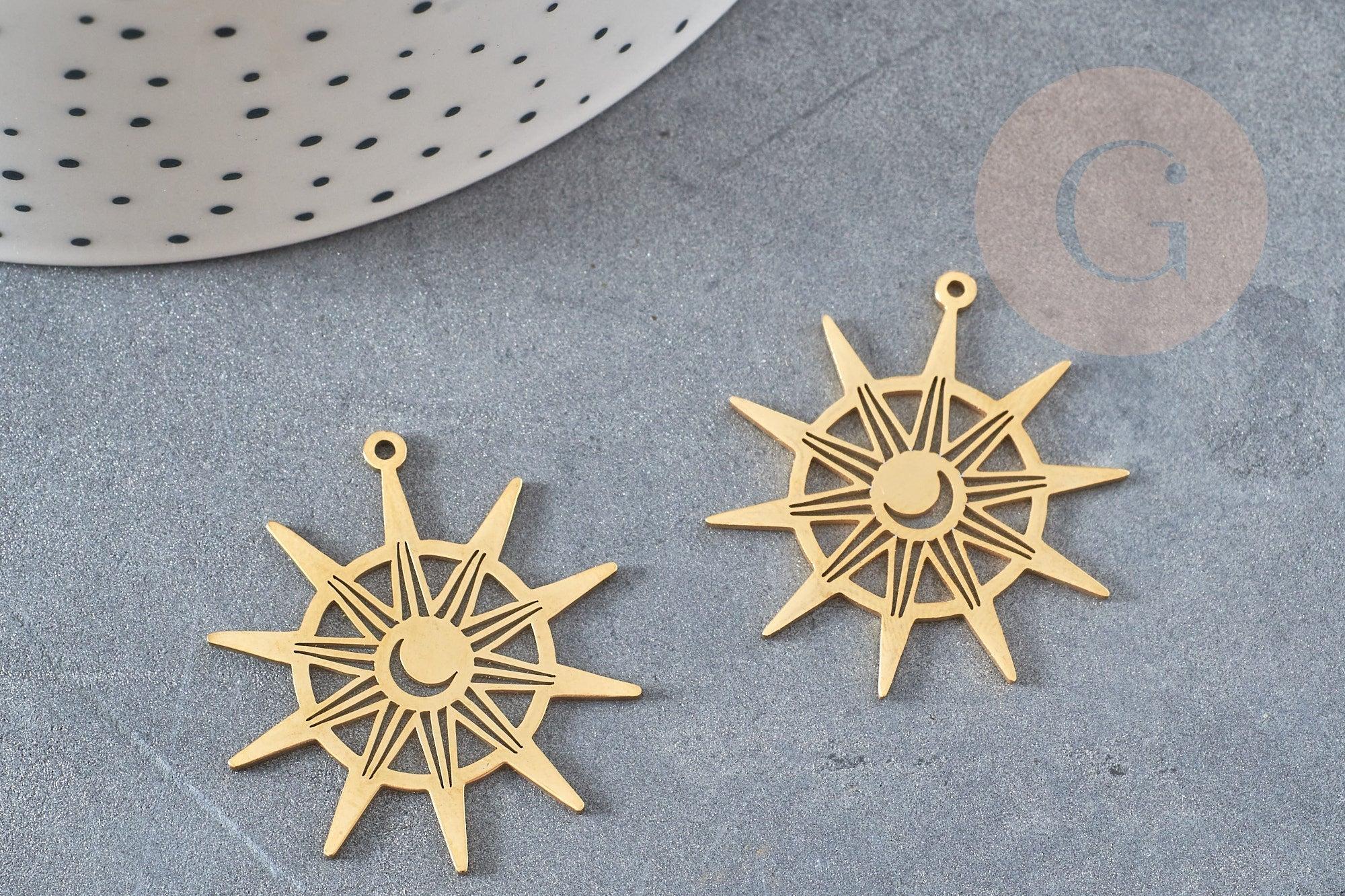 Pendentif soleil acier doré 33.5mm, breloque acier inoxydable doré, pendentif sans nickel, création bijoux, x1 G6141