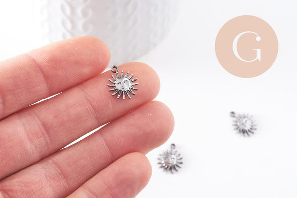 Pendentif soleil acier inoxydable 304 platine 14.5mm, x1 (G10056)