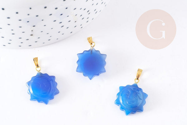 Pendentif soleil agate bleue support doré, pendentif pierre agate naturelle bleue, 23mm, x1 (G5522)