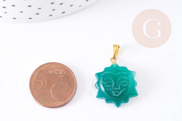 Pendentif soleil agate verte support doré, pendentif pierre agate naturelle verte, 23mm, x1, G5523