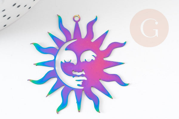 Pendentif soleil arc-en-ciel acier 201 inoxydable dore 40mm,acier inoxydable sans libération de nickel, x1 (G6152)