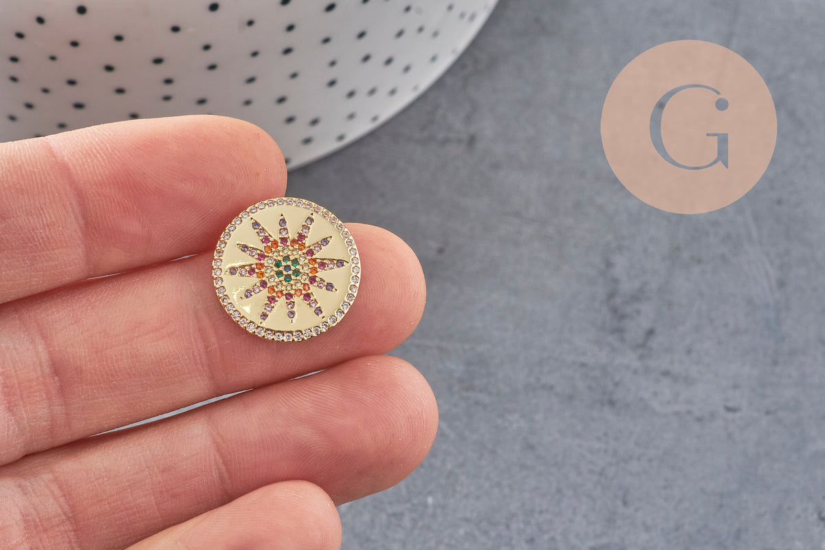 Pendentif soleil doré 18K et zircon coloré,pendentif soleil doré horoscope,porte-bonheur,laiton doré,18mm, x1 (G4061)