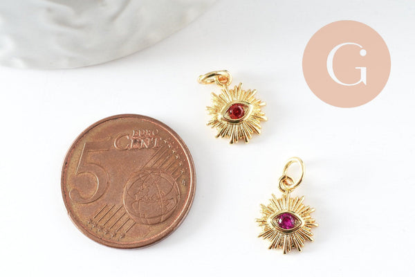 Pendentif soleil laiton doré 18k zircon, pendentif en cristal pour création bijoux porte bonheur pour femme en zircon,12.5mm, x1 (G6195)