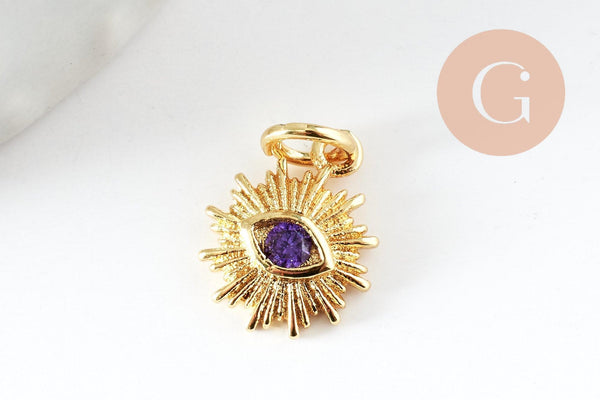 Pendentif soleil laiton doré 18k zircon, pendentif en cristal pour création bijoux porte bonheur pour femme en zircon,12.5mm, x1 (G6195)