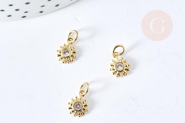Pendentif soleil laiton doré zircon, pendentif en cristal pour création bijoux porte bonheur pour femme en zircon,10mm, x1 (G4742)