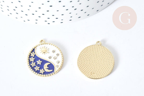 Pendentif soleil lune étoiles bleu zamac doré zircon 27.7mm, x1 (G8088)
