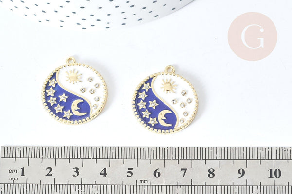Pendentif soleil lune étoiles bleu zamac doré zircon 27.7mm, x1 (G8088)