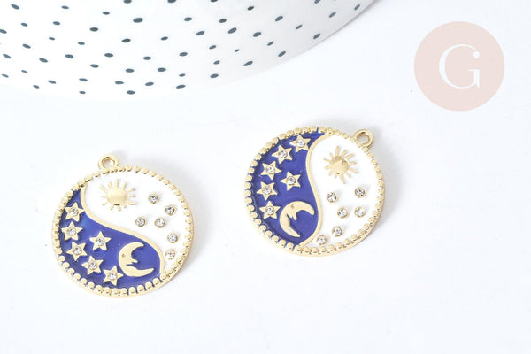 Pendentif soleil lune étoiles bleu zamac doré zircon 27.7mm, x1 (G8088)
