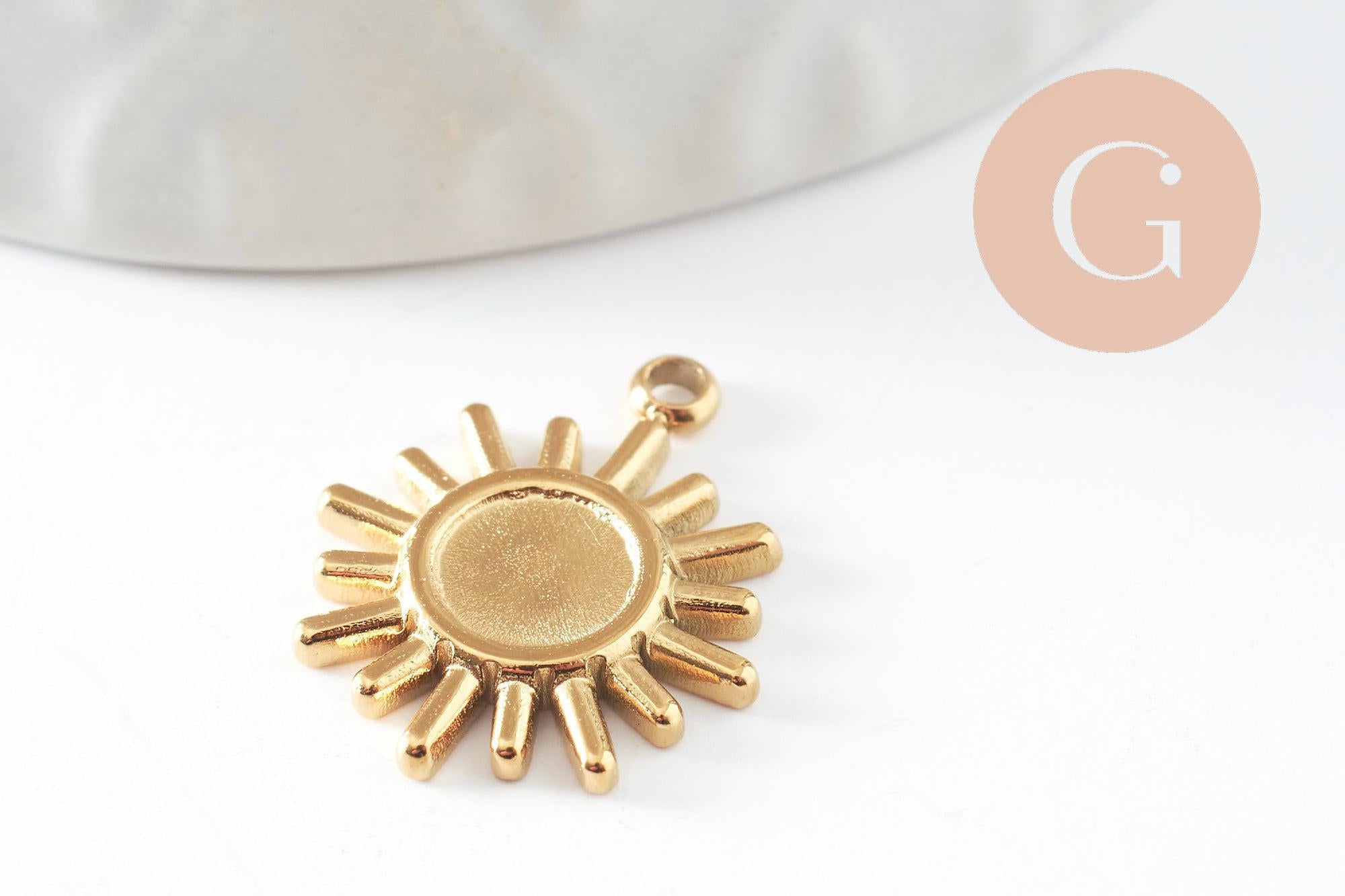 Pendentif soleil support pour cabochon 6mm acier 304 inoxydable doré IP, x2 (G9857)
