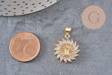Pendentif soleil vierge marie laiton doré 18k zircon 21mm, cristal pour création bijoux porte bonheur femme en zircon, x1 (G8518)