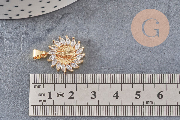 Pendentif soleil vierge marie laiton doré 18k zircon 21mm, cristal pour création bijoux porte bonheur femme en zircon, x1 (G8518)