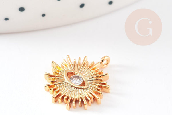 Pendentif soleil zamac doré 18k zircon 16.5mm, x1 (G10546)