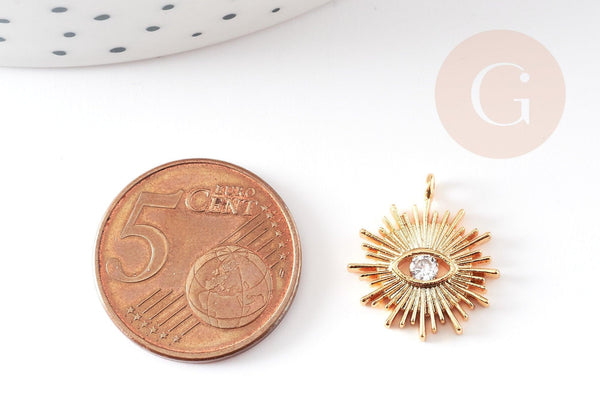 Pendentif soleil zamac doré 18k zircon 16.5mm, x1 (G10546)