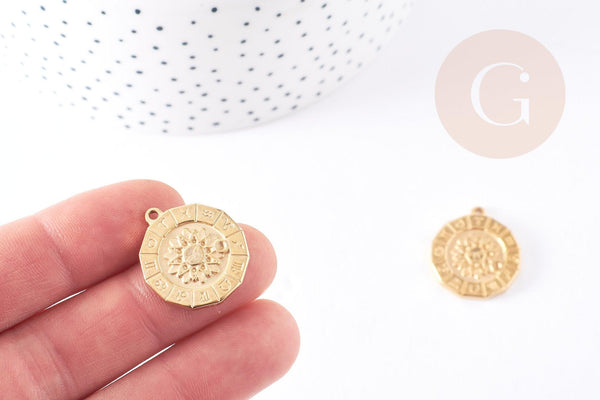 Pendentif soleil zodiaque acier 304 inoxydable doré 24mm,x1 (G4053)