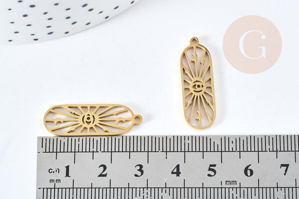 Pendentif talisman soleil oeil protecteur acier doré 304 inoxydable 27mm, x1 (G8724)