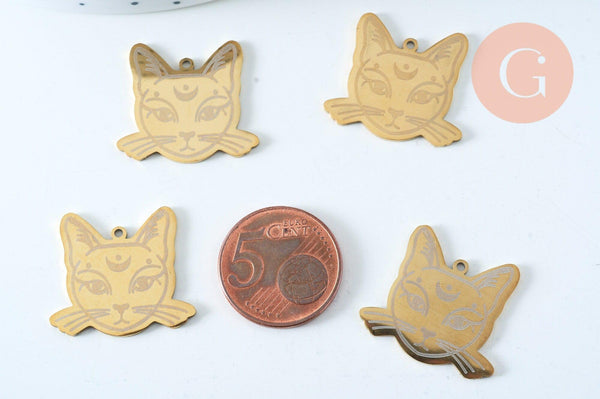 Pendentif tête de chat mystique acier doré inoxydable 22mm pour la création de bijoux en acier doré, x1 (G6017)
