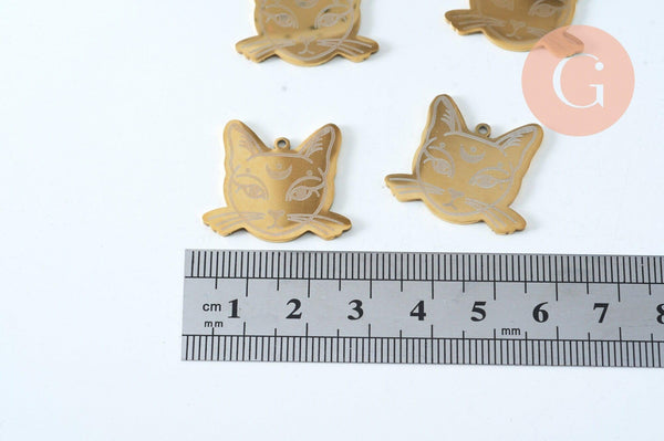 Pendentif tête de chat mystique acier doré inoxydable 22mm pour la création de bijoux en acier doré, x1 (G6017)