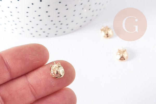 Pendentif tête de chat porte-bonheur laiton doré 18K 11mm, x1 (G9016)