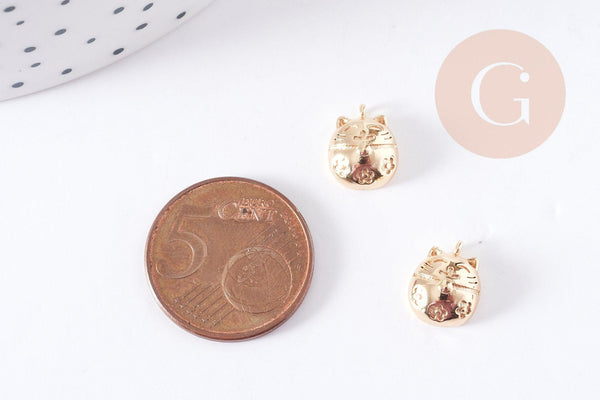 Pendentif tête de chat porte-bonheur laiton doré 18K 11mm, x1 (G9016)