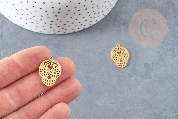 Pendentif tête de mort mexique acier 201 inoxydable dore 22mm,breloque acier inoxydable doré dia de muertos, x1 G4609