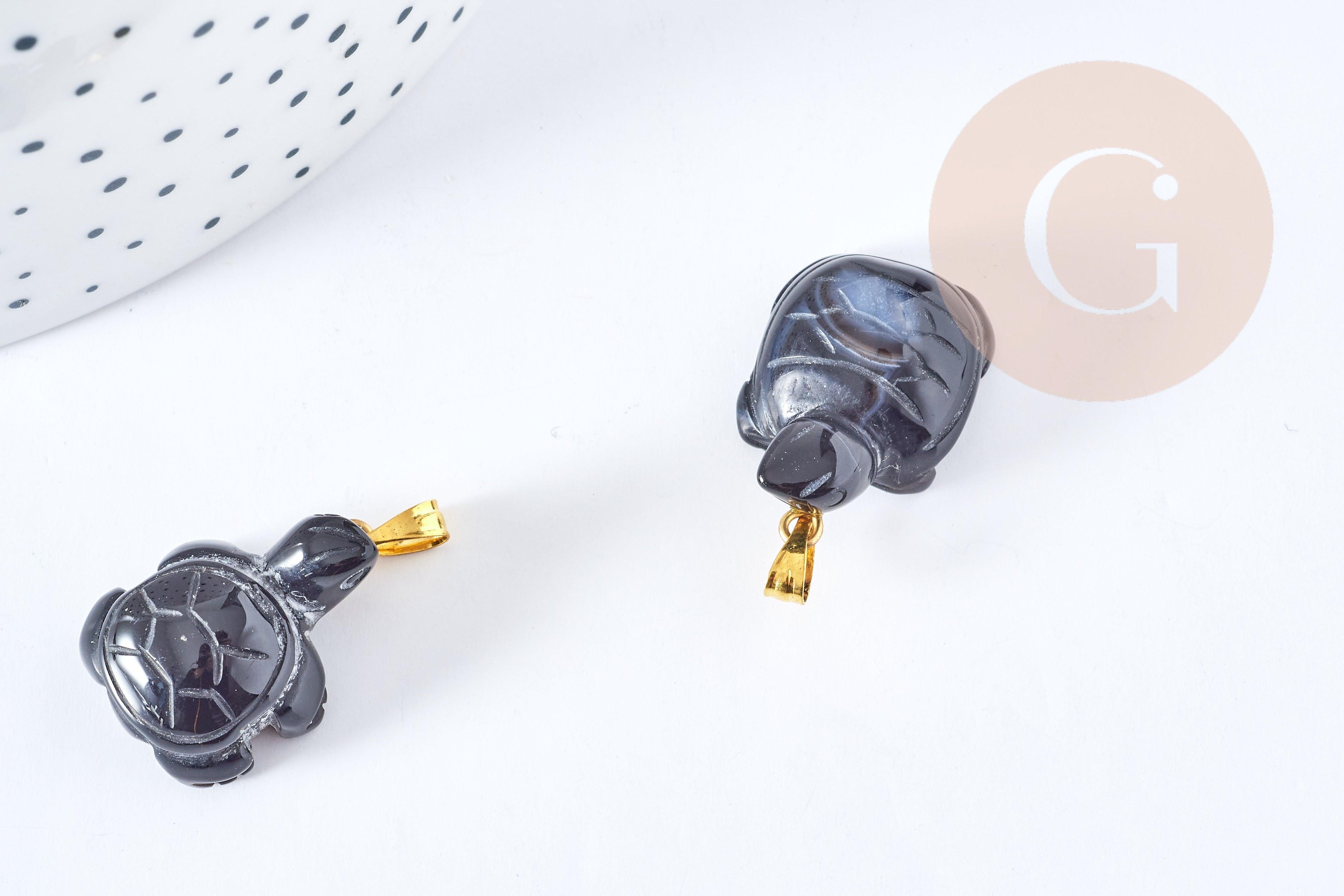 Pendentif tortue agate naturelle noire support doré 21mm, pendentif pierre création bijoux, x1, G8638