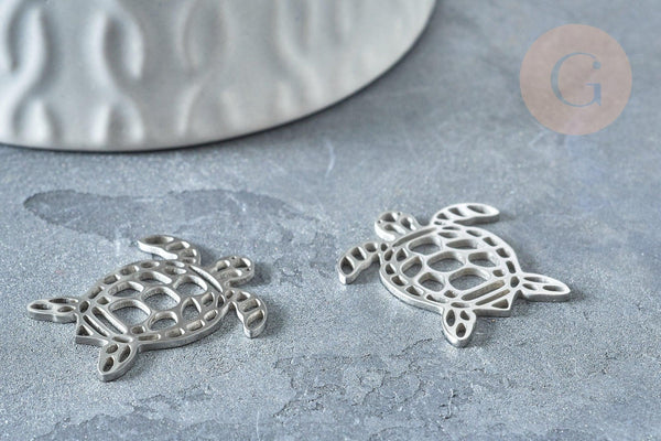 Pendentif tortue argenté acier inoxydable 24mm, acier inoxydable, x1 G7615