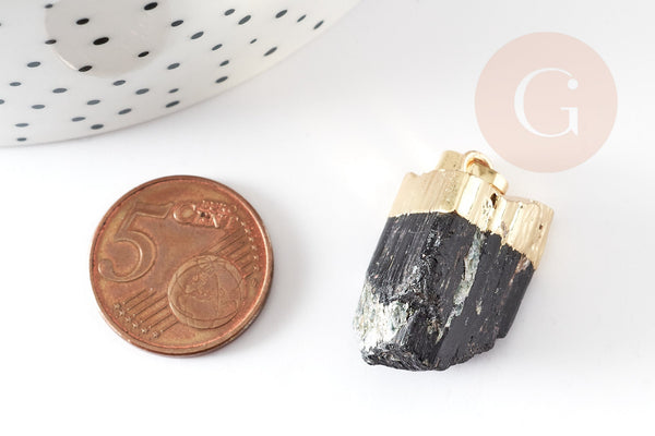 Pendentif tourmaline noire brute laiton doré 26-46mm, x1 (G0157)