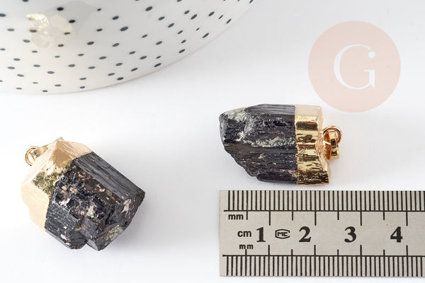 Pendentif tourmaline noire brute laiton doré 26-46mm, x1 (G0157)