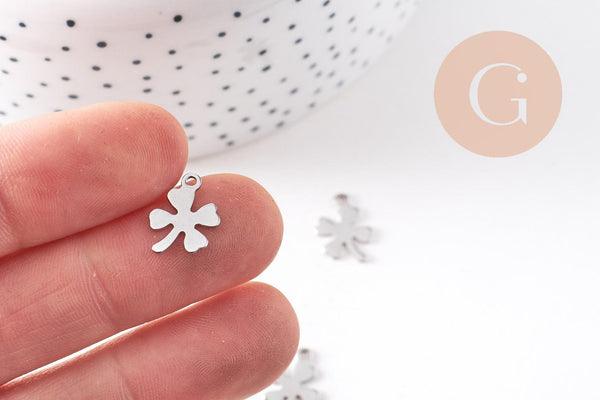 Pendentif trèfle 4 feuilles acier 201 inoxydable platine 13.5mm, x2 (G10482)