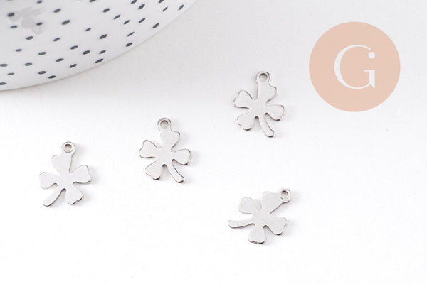 Pendentif trèfle 4 feuilles acier 201 inoxydable platine 13.5mm, x2 (G10482)