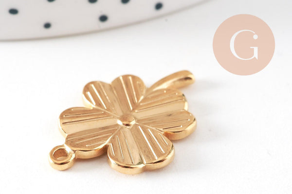 Pendentif trèfle 4 feuilles acier 304 inoxydable doré IP 25.5mm, x1 (G10807)